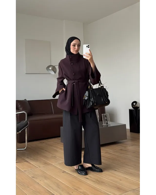 Dark Plum Long Belted Coat