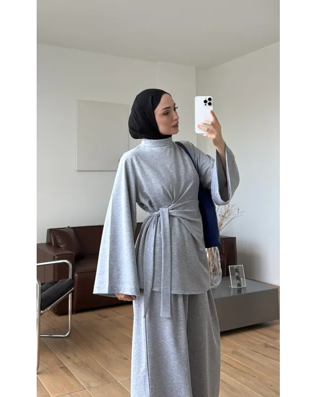Belted Gray Two-Piece Set