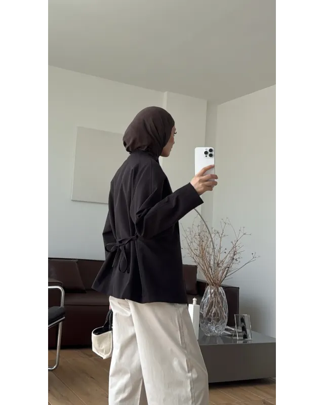 Brown High-Neck Drawstring Jacket