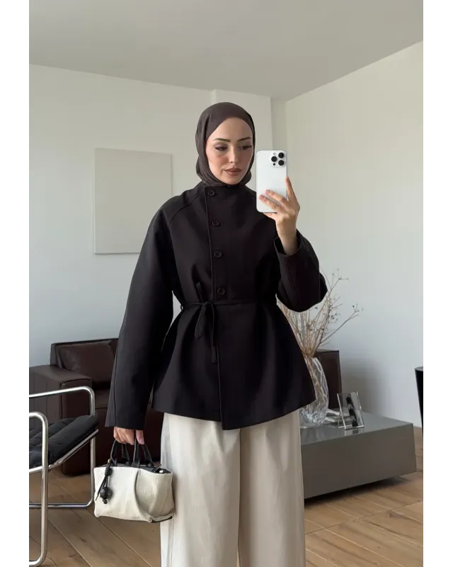Brown High-Neck Drawstring Jacket