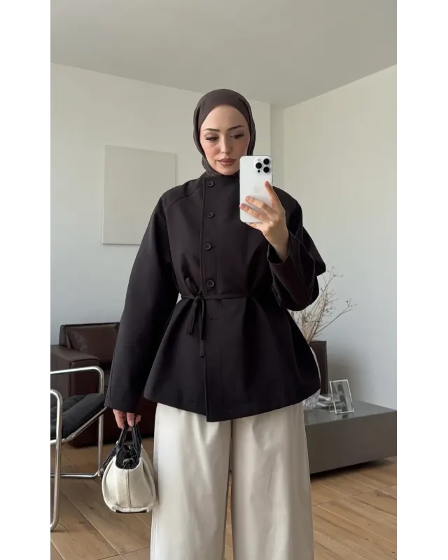 Brown High-Neck Drawstring Jacket