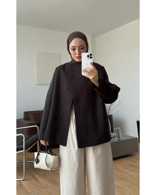 Brown High-Neck Drawstring Jacket