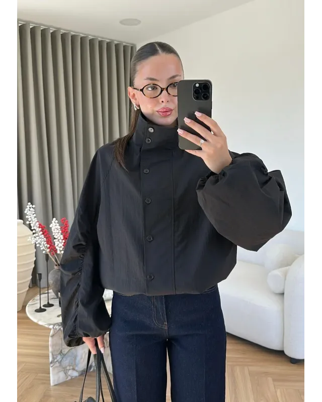 Black Hooded High-Neck Long Raincoat