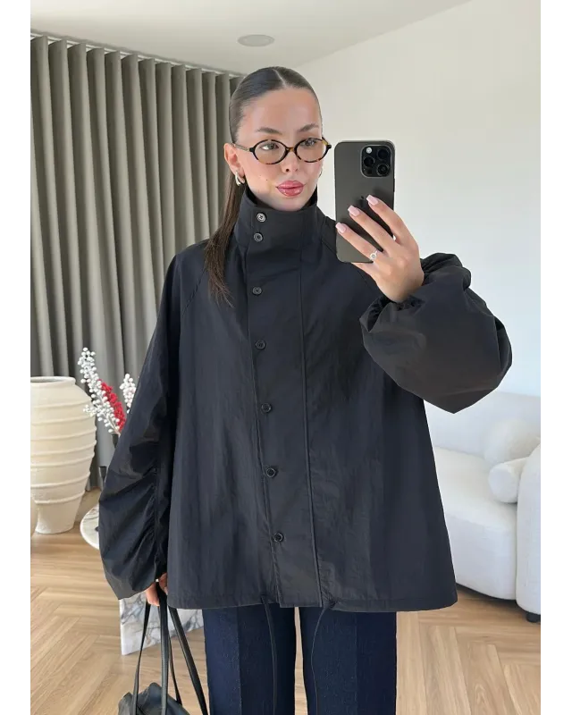 Black Hooded High-Neck Long Raincoat