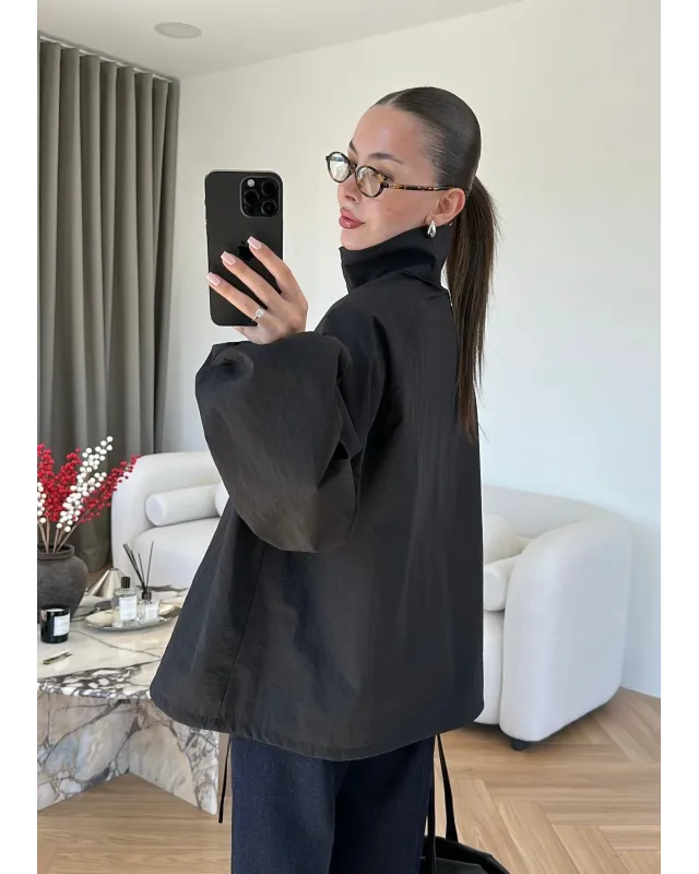 Black Hooded High-Neck Long Raincoat