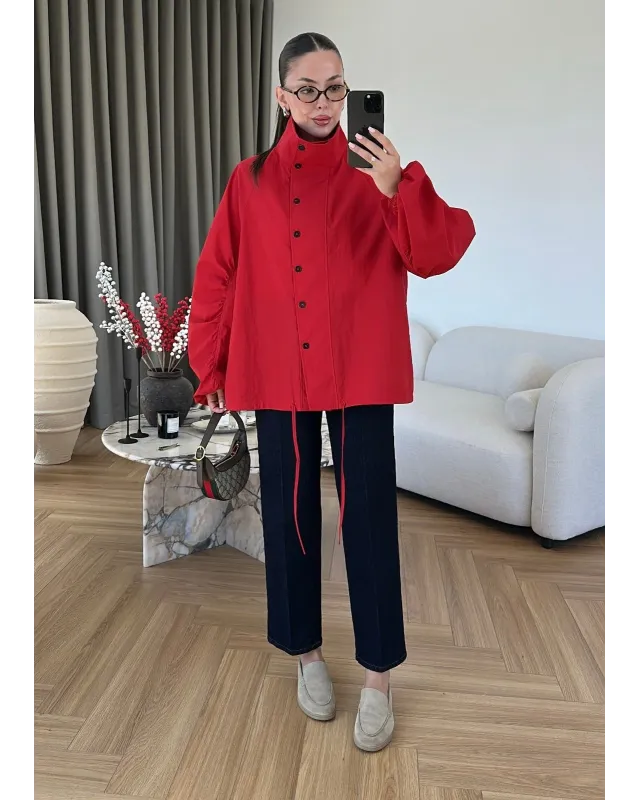 Red Hooded High-Neck Long Raincoat
