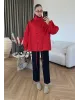Red Hooded High-Neck Long Raincoat