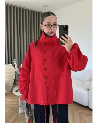 Red Hooded High-Neck Long Raincoat