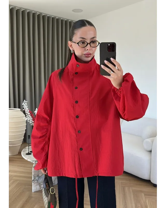 Red Hooded High-Neck Long Raincoat