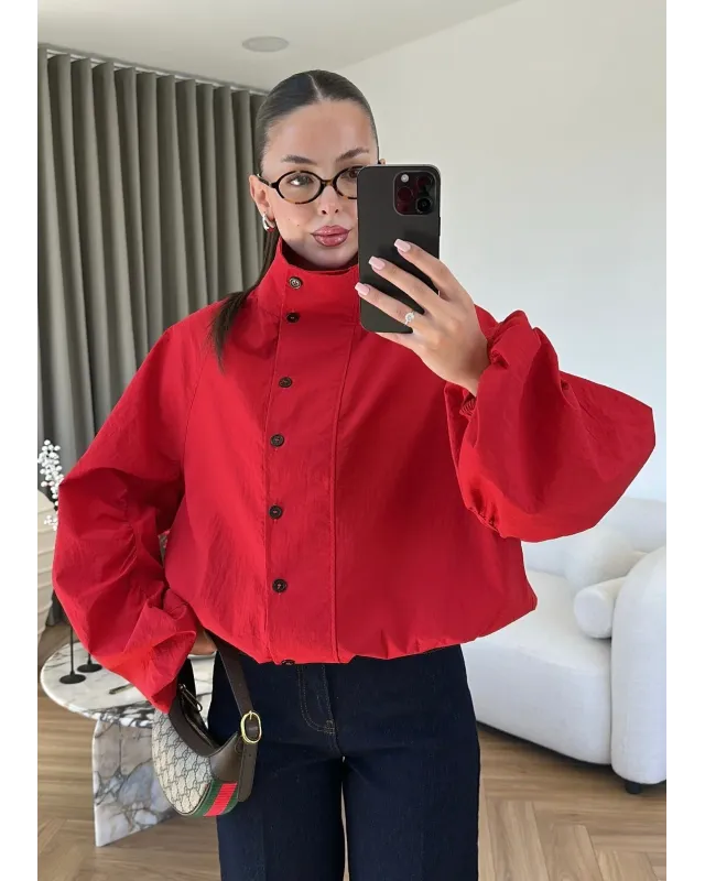 Red Hooded High-Neck Long Raincoat