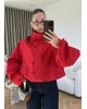 Red Hooded High-Neck Long Raincoat