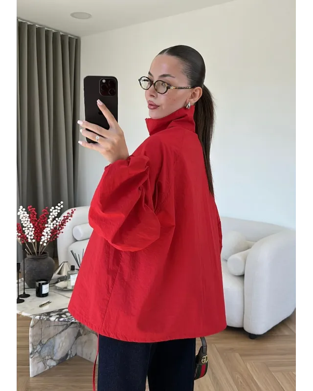 Red Hooded High-Neck Long Raincoat