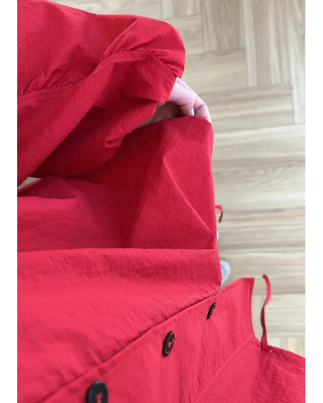 Red Hooded High-Neck Long Raincoat