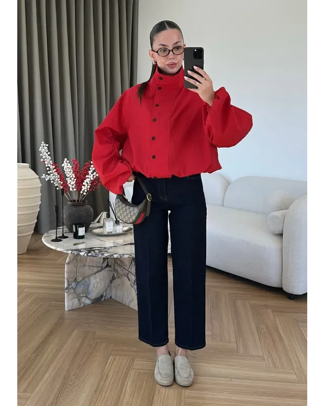 Red Hooded High-Neck Long Raincoat