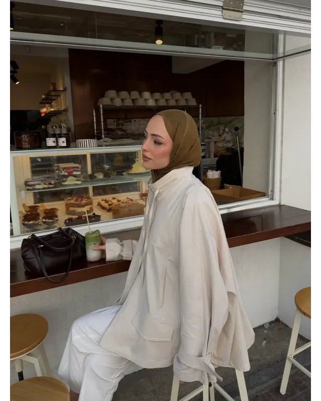 Light Beige Belted Oversized Jacket