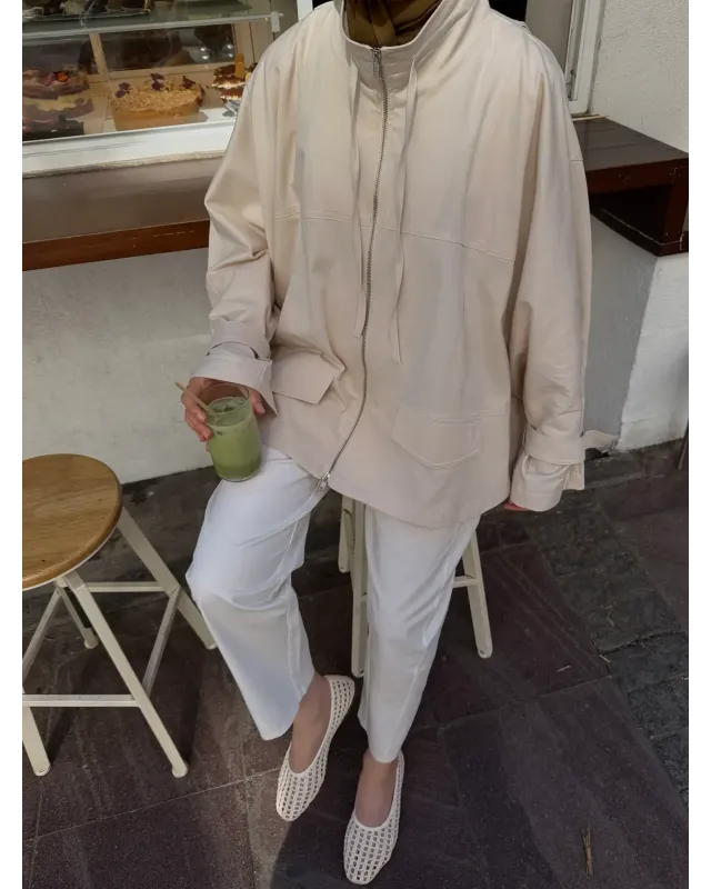 Light Beige Belted Oversized Jacket