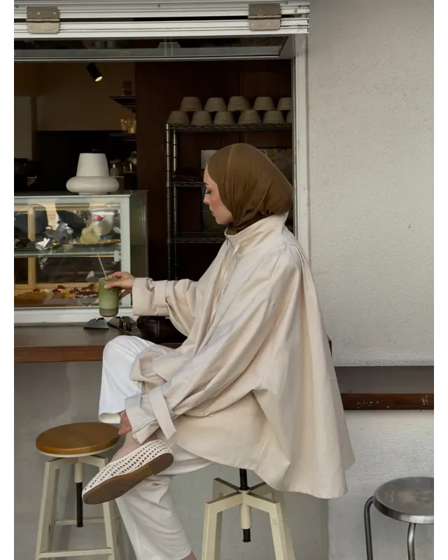 Light Beige Belted Oversized Jacket
