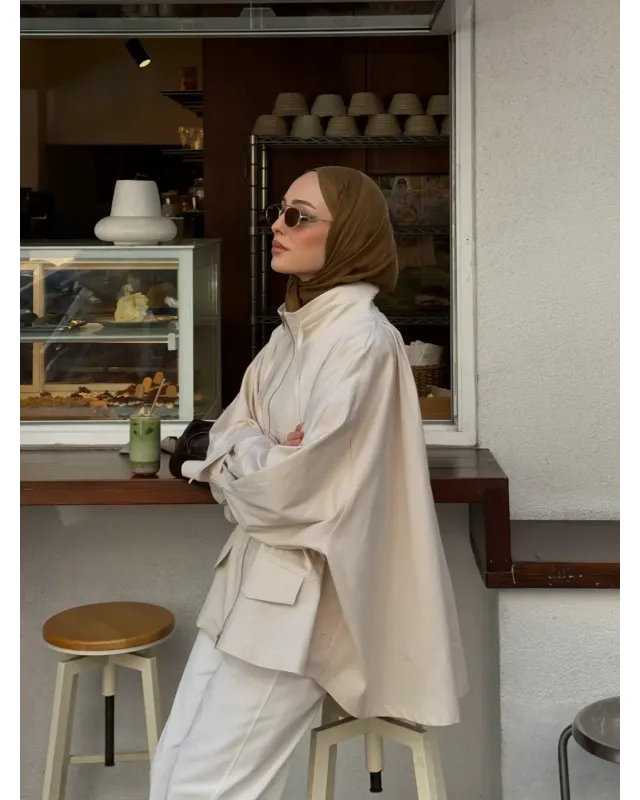 Light Beige Belted Oversized Jacket