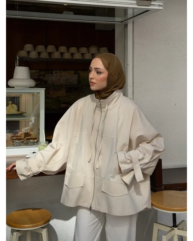 Light Beige Belted Oversized Jacket