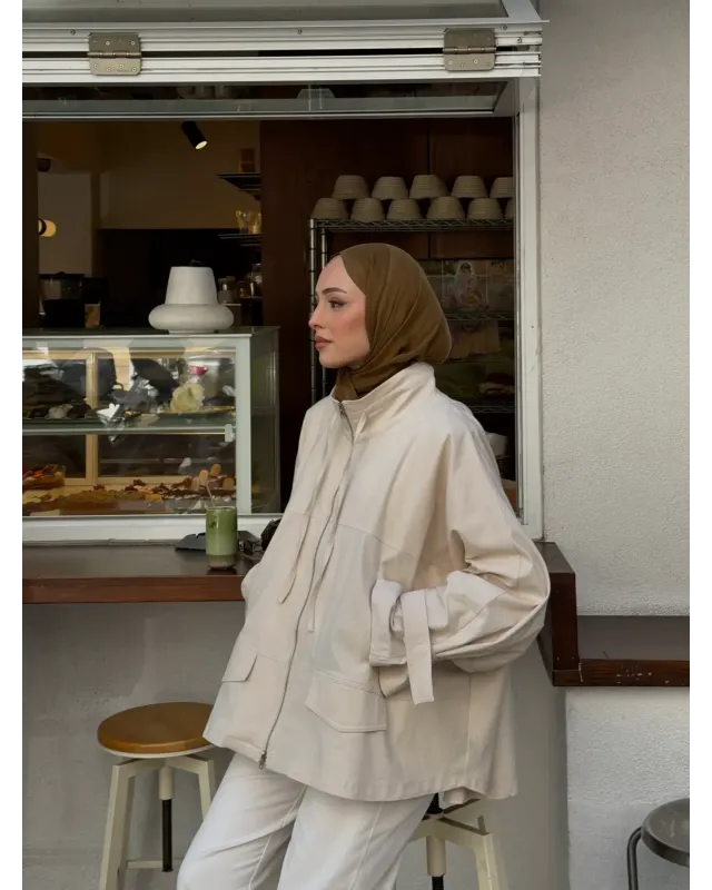 Light Beige Belted Oversized Jacket