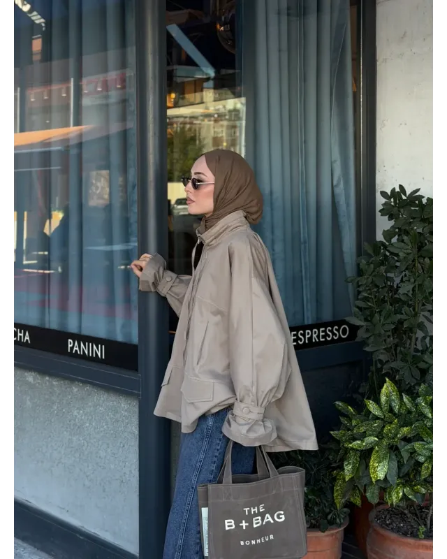 Mink Beige Belted Oversized Jacket