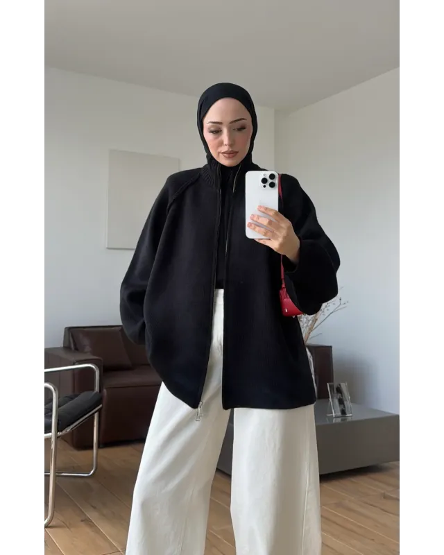 Double-Zip Knit Cardigan –Black