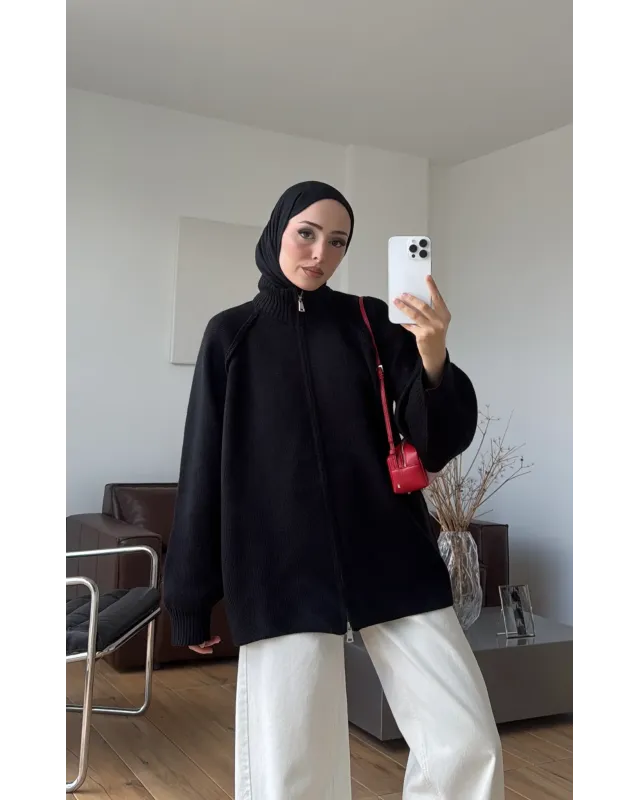 Double-Zip Knit Cardigan –Black