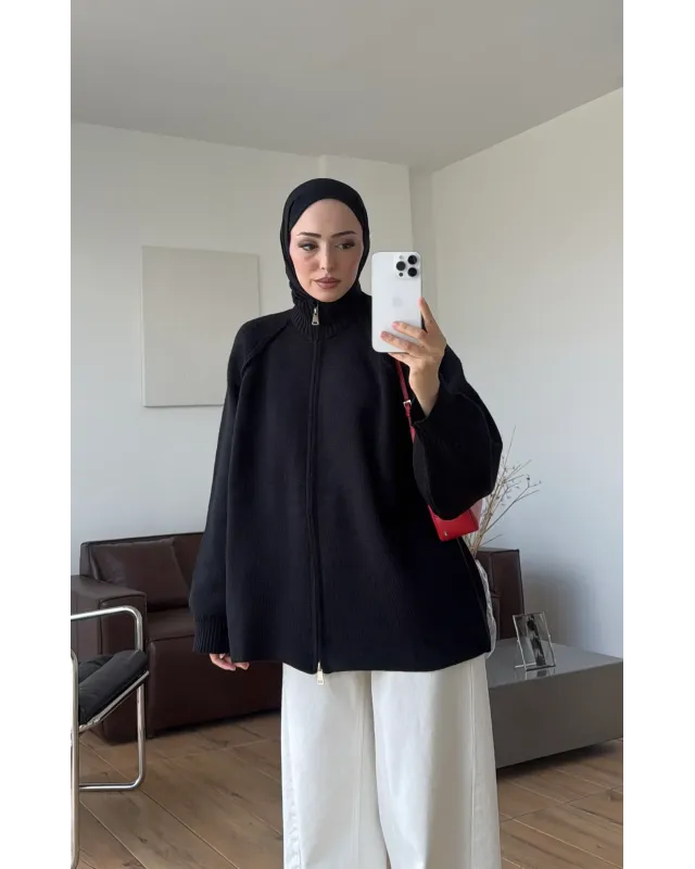 Double-Zip Knit Cardigan –Black