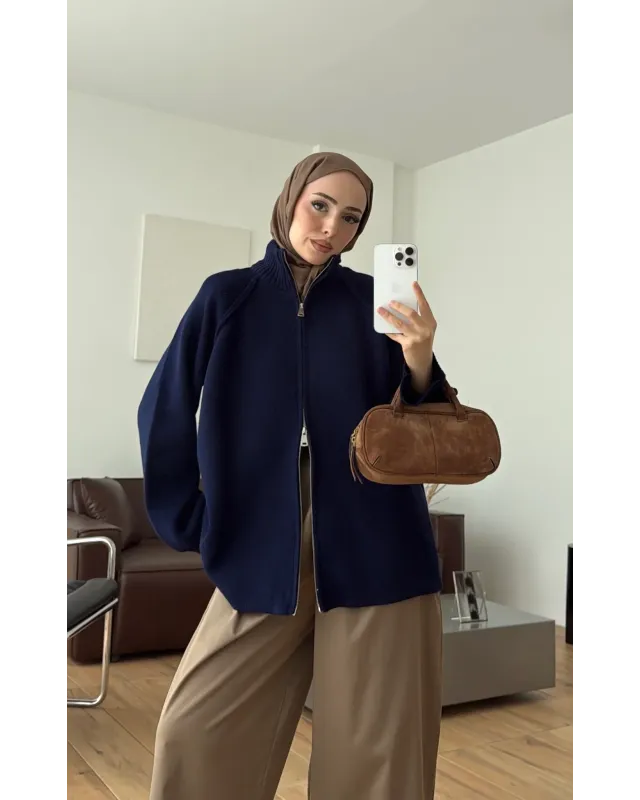 Double-Zip Knit Cardigan – Navy Blue