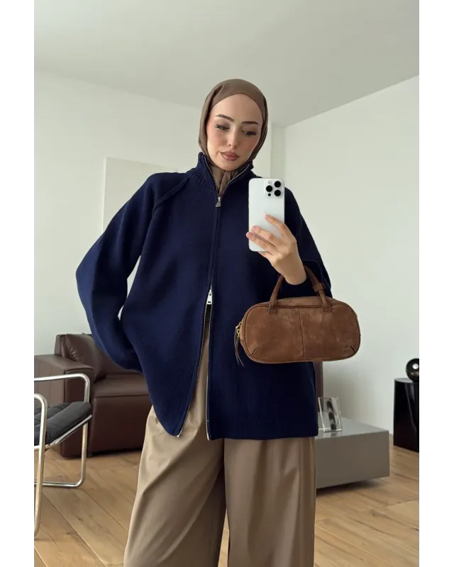 Double-Zip Knit Cardigan – Navy Blue