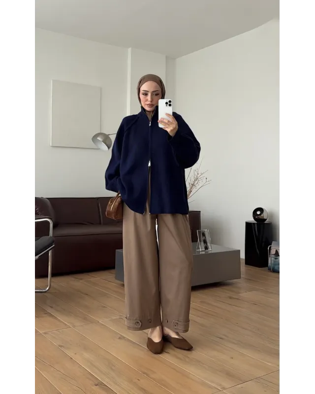 Double-Zip Knit Cardigan – Navy Blue