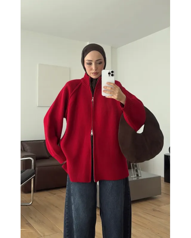 Double-Zip Knit Cardigan –Red