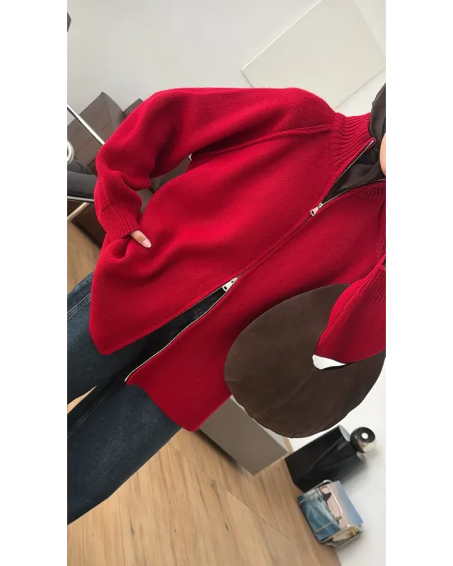 Double-Zip Knit Cardigan –Red