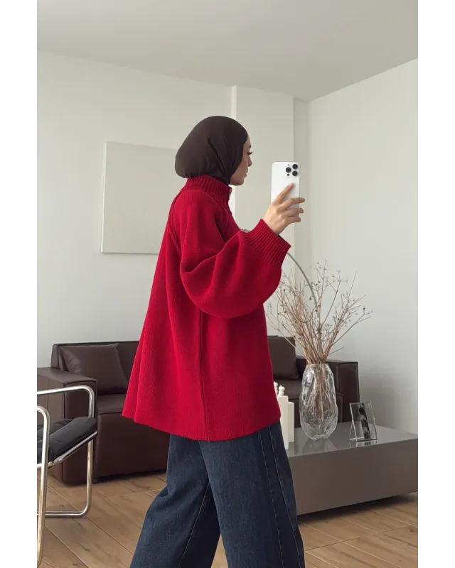 Double-Zip Knit Cardigan –Red