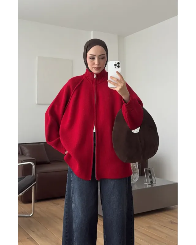 Double-Zip Knit Cardigan –Red