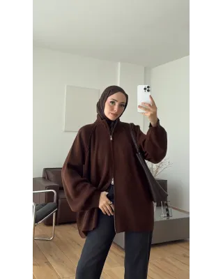Double-Zip Knit Cardigan –Brown