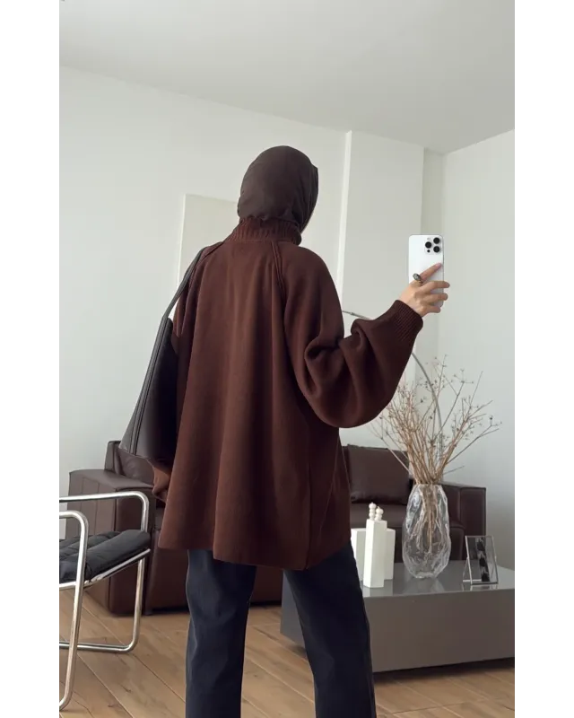 Double-Zip Knit Cardigan –Brown