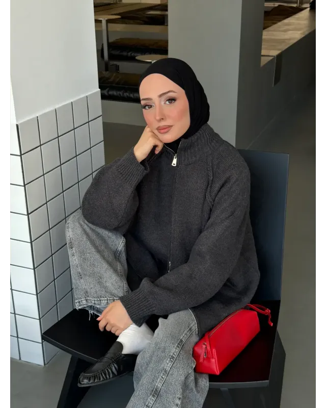 Double-Zip Knit Cardigan –Charcoal Gray