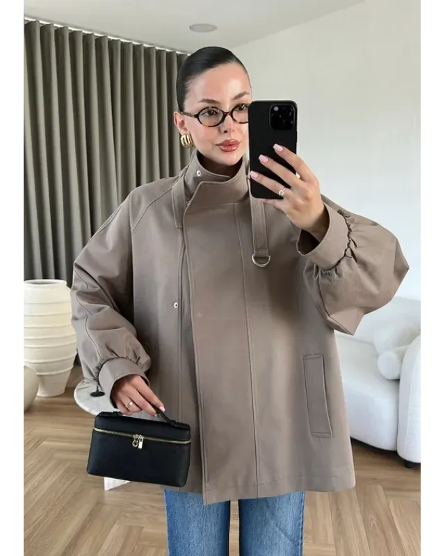 Belted High-Neck Mocha Jacket