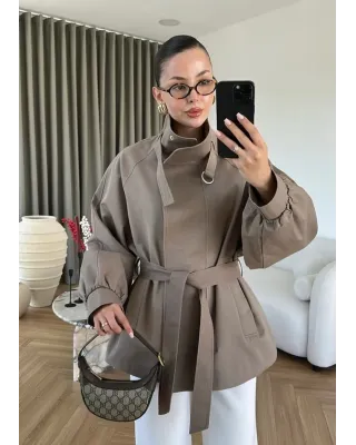 Belted High-Neck Mocha Jacket