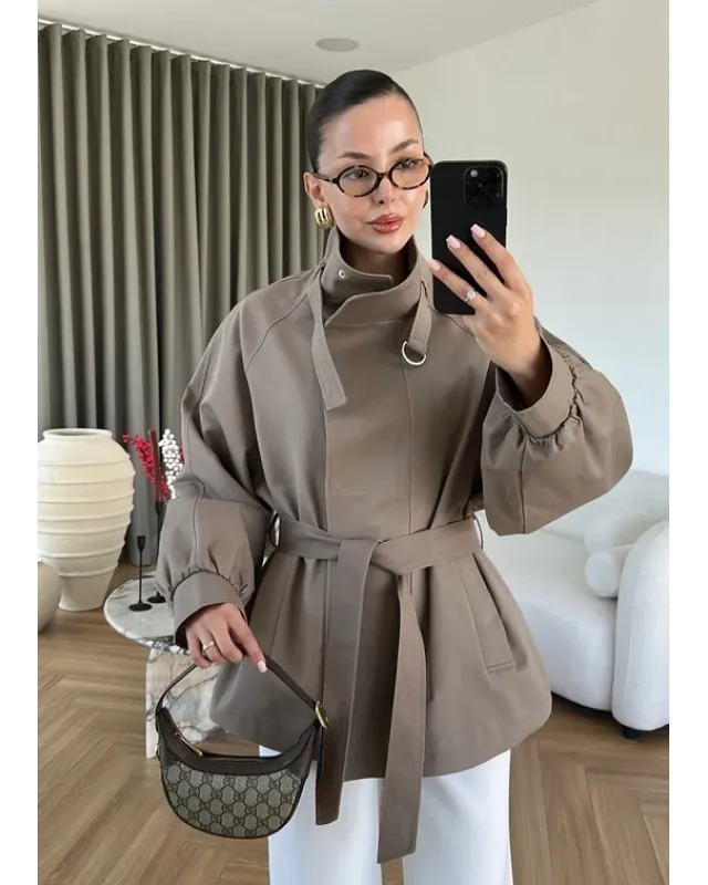Belted High-Neck Mocha Jacket