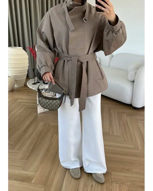 Belted High-Neck Mocha Jacket