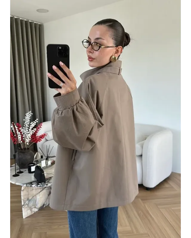 Belted High-Neck Mocha Jacket