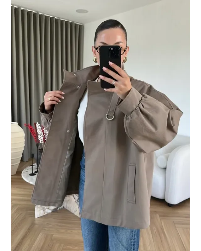 Belted High-Neck Mocha Jacket