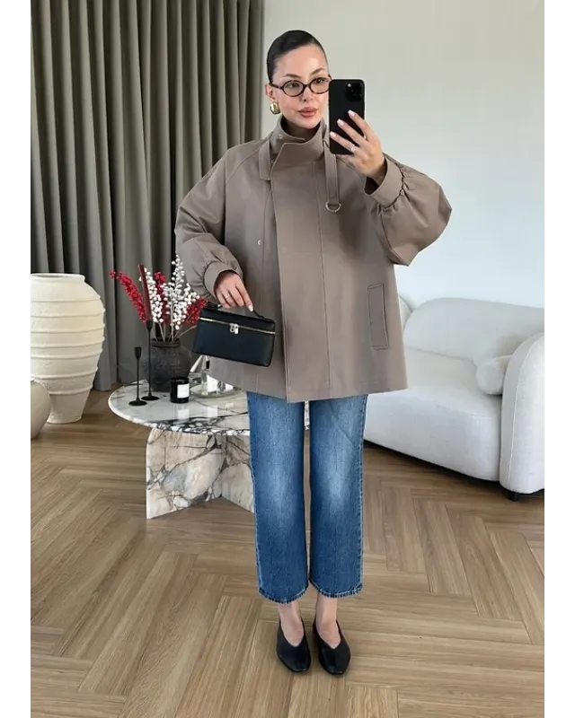 Belted High-Neck Mocha Jacket