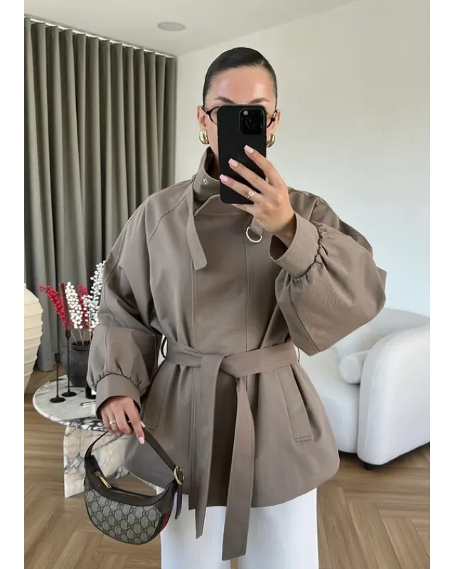 Belted High-Neck Mocha Jacket