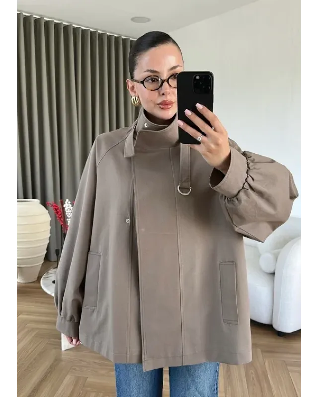 Belted High-Neck Mocha Jacket