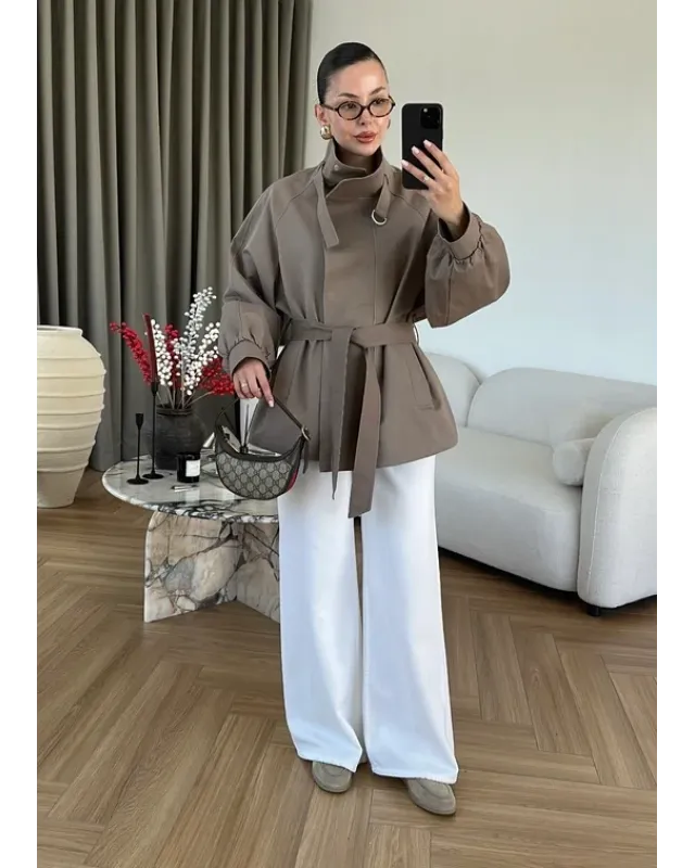 Belted High-Neck Mocha Jacket