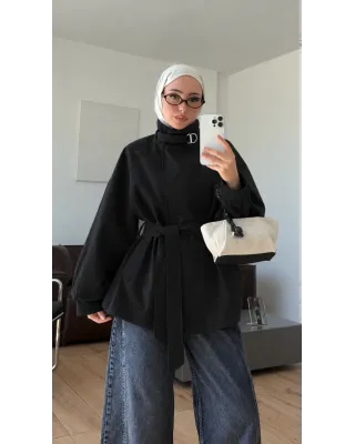 Belted High-Neck black Jacket