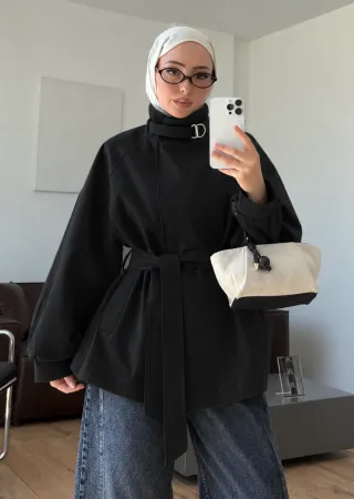 Belted High-Neck black Jacket